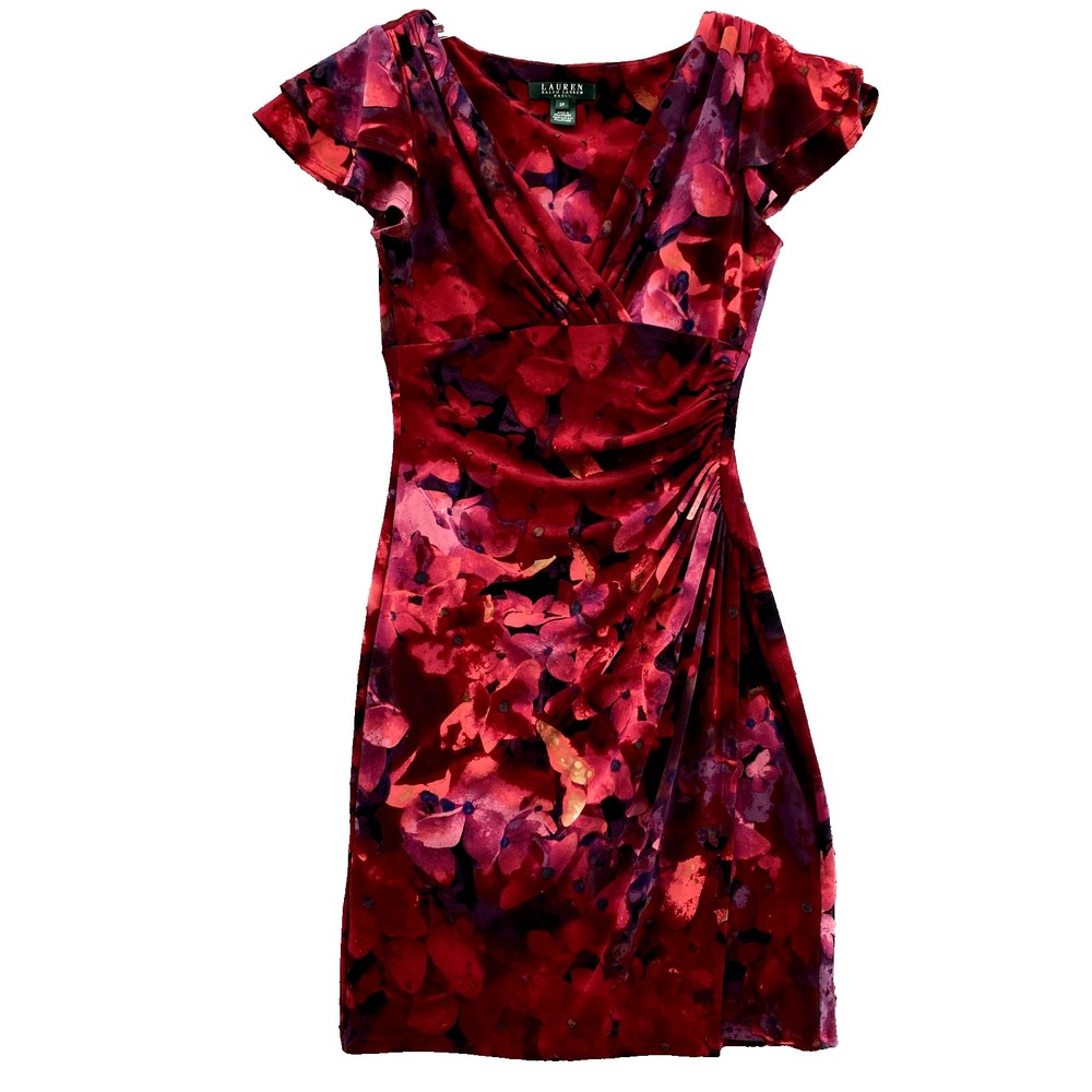 Lauren Ralph Lauren Midi Dress Women's 2P Red Floral Ruched Slit Preppy Corpcore